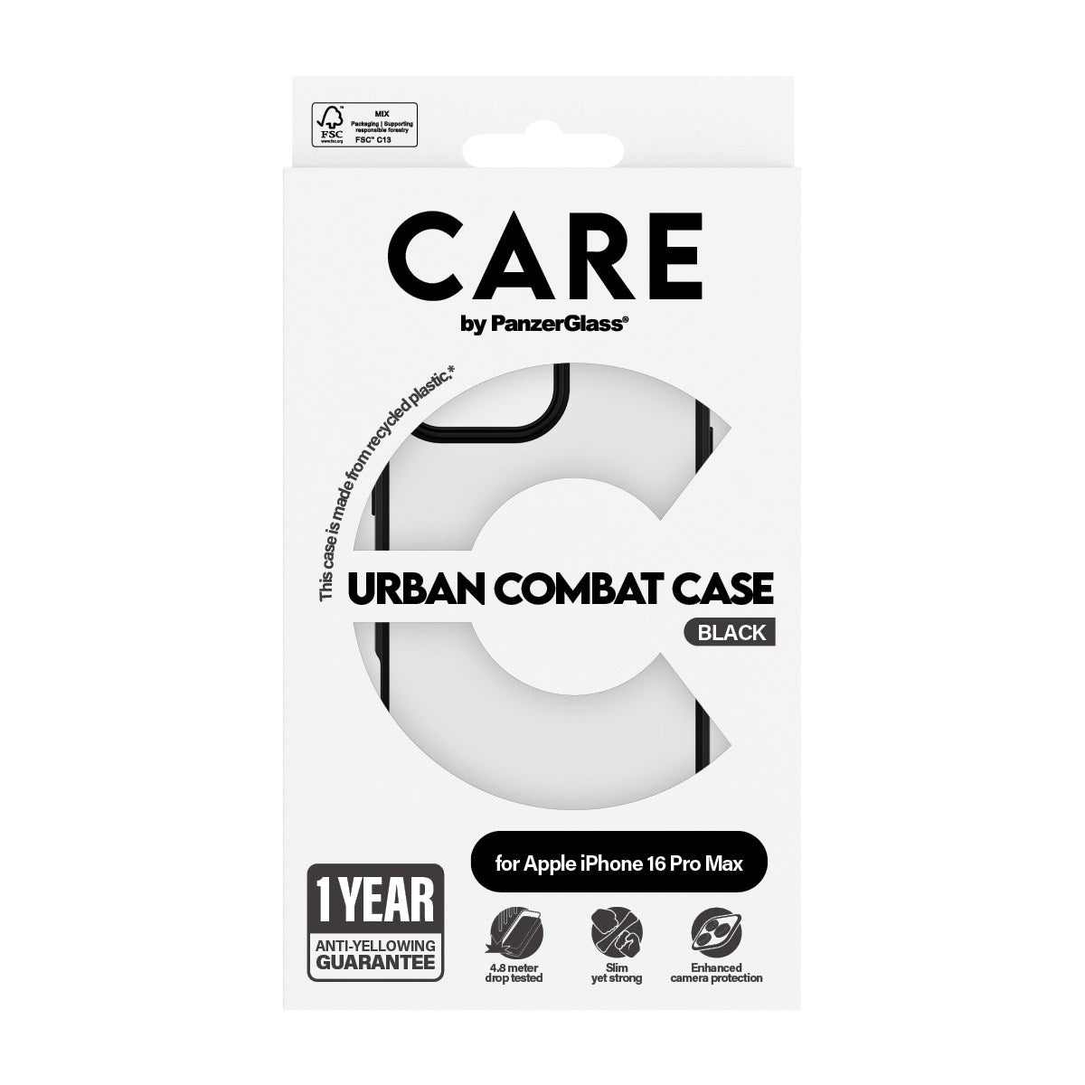 CARE by PanzerGlass® Urban Combat Case Transparent m. Sort Ramme iPhone 16 Pro Max